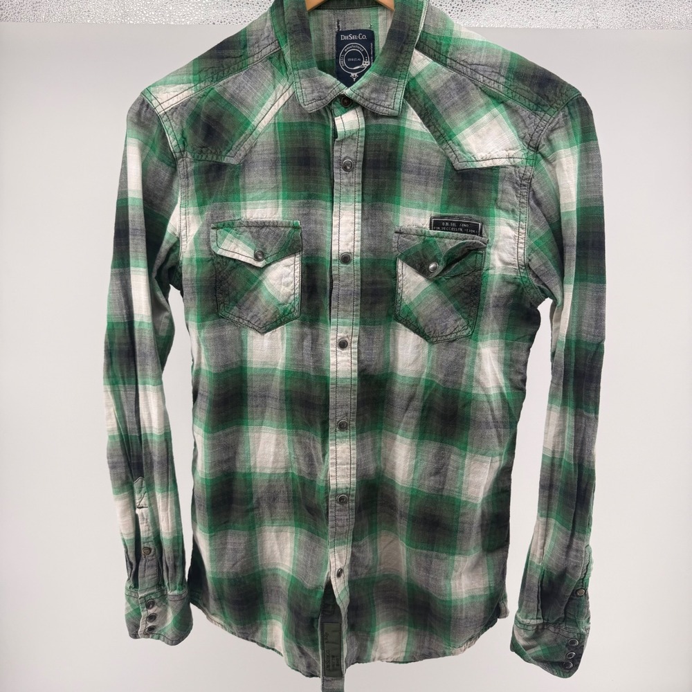 Diesel Co Plaid Long Sleeve Button Up Shirt Green Black‎ White Womens Sz SM 0611